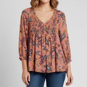 DR2 Hi-Lo Pullover 3/4 Sleeve Paisley Blouse, Women’s Small, Pink Multicolor